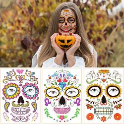 Halloween Decorations Costumes Temporary Tattoos Stickers Face Makeup Waterproof 9 Sheets Gems Flower Skull Mask Make up for Women Kids Party Decors