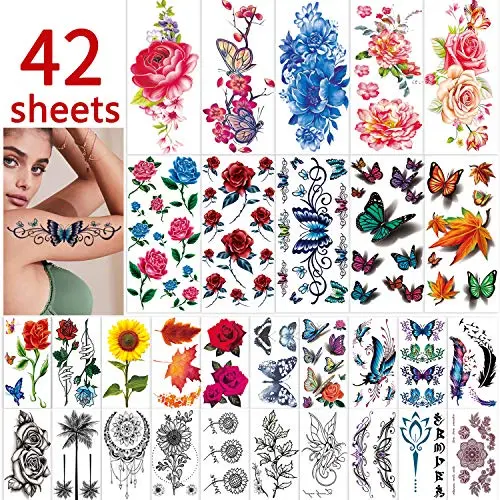 Autocollants temporaires décoratifs à fleurs, roses, papillons et motifs variés, pour femmes, filles ou enfants. Autocollants temporaires décoratifs à fleurs, roses, papillons et motifs variés, pour femmes, filles ou enfants.