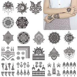 20 Sheets Black Mandala Temporary Tattoo, Rose Henna Flower Design Petal Leaf Sketch Words Fake Tattoo Sticker for Cool Women Lady Girls, Body Art on Back of hand Finger Arm Clavicle Waterproof