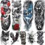 Rejaski 9 Sheets Super Long Full Arm Temporary Tattoo Sleeves For Men Women Realistic Lion Wolf Body Art Chest Shoulder Fake Tatoos Paper Waterproof Large Eagle Dragon Animal Temporary Tattoos Sticker