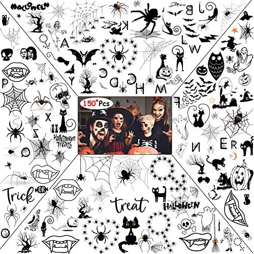 HOWAF 150+ Halloween Tattoos Spiders Wed Bat Skull Ghost Temporäre Tattoos Aufkleber Übertragung für Körper Gesicht Schulter Arm Hand Make-up Halloween Kostüm Party Accessoires Favorien Versorgung