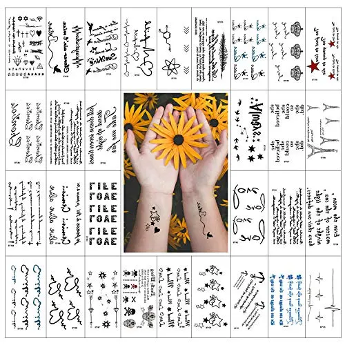 Tattoos Temporaires Petits, 80+ Designs, Tatouages Écrits en Lettres Noires pour Femmes, Stickers à Tatouage Waterproof, Résistants et Sexy à Longue Durée