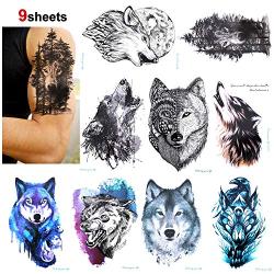 Konsait 9 Sheet Wolf Temporary Tattoo Sticker for Adult Women Men Fashion Body Art Waterproof Temporary Tattoo Fake Tattoo Arm Hand Back, 21X15cm