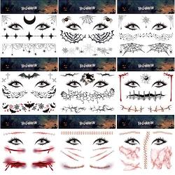 Ooopsiun Halloween Face Temporary Tattoos for Women Men Kids -Spider Bat Horror Fake Tattoo Stickers, Halloween Party Favors Supplies