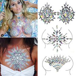 3 Pack Gems Breast Tattoos Stickers Glitter Rhinestones Body Arts Decors Temporary Tattoos Stickers Decals Self Adhesive Chest Face Waist Back Resin Jewels Decoration Accessories Kits for Women