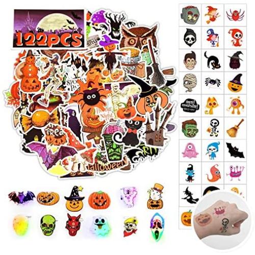 Halloween Aufkleber (50 Stk) & Halloween Temporäre Tattoos (60 Stk) & Halloween LED Brosche (12 Stk) – Fröhliche Halloween Dekorationen, Party Goodies, Halloween Schulkampf-Tausch