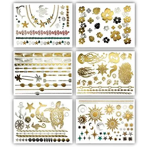 Terra Tattoos Tropische Hawaiianische Metall Tattoos - 75 Gold Silber Temporäre Tattoos: Schildkröten, Delfine, Sterne, Sonne, Mond, Seesterne, Seepferdchen, Korallen, Palmen, Hibiskus, Puka Muscheln & mehr!