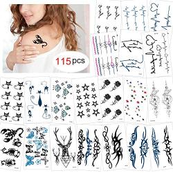 Konsait 115pcs Temporary Tattoos for Adults Men Women Kids, Waterproof and Fake Tiny Temporary Tattoos Body Art Sticker Face Arm Hand Neck Wrist, Cat Star Flower Scorpion Graphic Elk