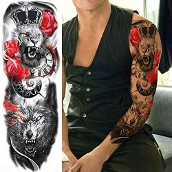 Rejaski 9 Sheets Super Long Full Arm Temporary Tattoo Sleeves For Men Women Realistic Lion Wolf Body Art Chest Shoulder Fake Tatoos Paper Waterproof Large Eagle Dragon Animal Temporary Tattoos Sticker