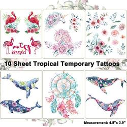 Ooopsi 10 Sheets Luau Floral Temporary Tattoos -Hawaiian/Tropical/Flamingo/Summer Pool Party Decorations Supplies Favors