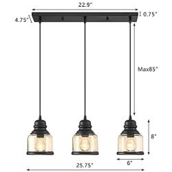 MOTINI 3-Light Linear Glass Pendant Light for Kitchen Island Hanging Lighting Fixture Chandelier for Dining Room, Black and Amber Glass Shade