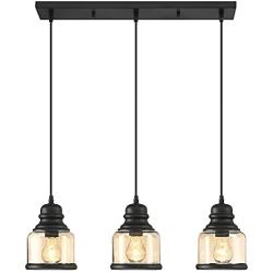 MOTINI 3-Light Linear Glass Pendant Light for Kitchen Island Hanging Lighting Fixture Chandelier for Dining Room, Black and Amber Glass Shade