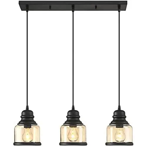 MOTINI 3-Light Linear Glass Pendant Light for Kitchen Island Hanging Lighting Fixture Chandelier for Dining Room, Black and Amber Glass Shade MOTINI 3-Light Linear Glass Pendant Light for Kitchen Island Hanging Lighting Fixture Chandelier for Dining Room, Black and Amber Glass Shade