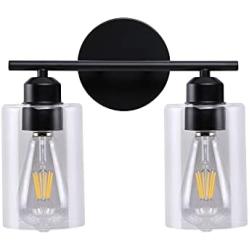 Bosomfr Matte Black Wall Sconce, 2 Lights Wall Vanity Light Fixture with Clear Glass Shade, Bathroom Lighting Fixtures, for Powder Room, Hallway, Kitchen, Mirror, Living Room, Bedroom (E26 Base)