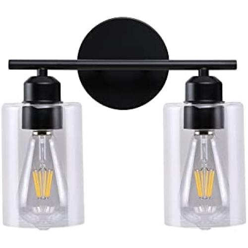 Bosomfr Matte Black Wall Sconce, 2 Lights Wall Vanity Light Fixture with Clear Glass Shade, Bathroom Lighting Fixtures, for Powder Room, Hallway, Kitchen, Mirror, Living Room, Bedroom (E26 Base)