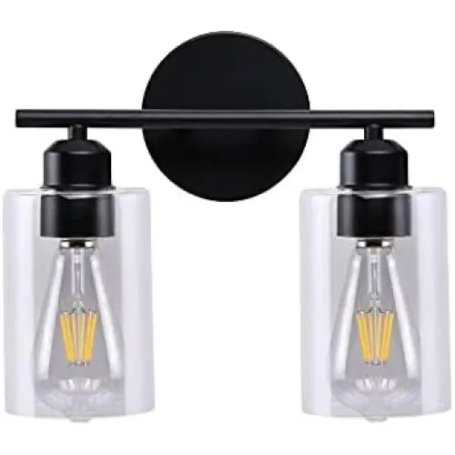 Éclair Mural Bosomfr Matte Black, 2 Luminaires, Lustre Mural pour Vanité avec Diffuseur en Verre Transparent, Éclairage pour Salle de Bain, Cellier, Cuisine, Miroir, Salon, Chambre (Base E26)