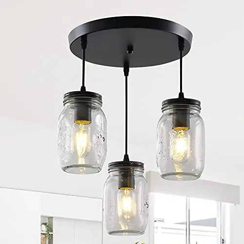 Suspensions en pot de verre YIINO pour îlot de cuisine, Black Retro Metal Glass Chandelier Light Fixture, Éclair Pendentif Industriel Ajustable à Suspendre pour Cuisine, Salle à Manger, Entrée, Bar, Café. Suspensions en pot de verre YIINO pour îlot de cuisine, Black Retro Metal Glass Chandelier Light Fixture, Éclair Pendentif Industriel Ajustable à Suspendre pour Cuisine, Salle à Manger, Entrée, Bar, Café.