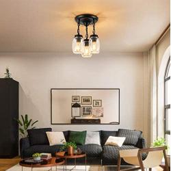 3-Light Ceiling Light Fixtures Farmhouse Semi Flush Mount Ceiling Light Clear Seeded Glass Shade Mason Jar Light Pendant Lighting for Hallway Kitchen-E26