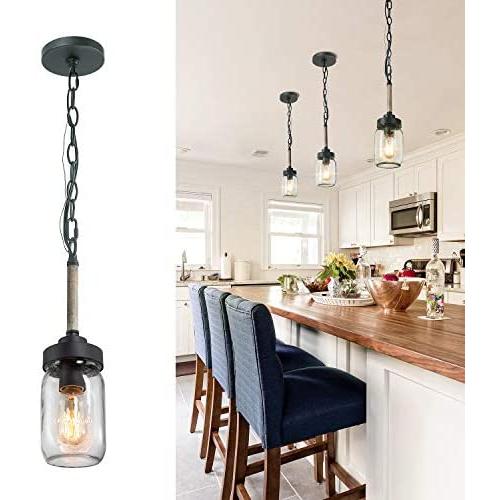 Mini Pendant Lights for Kitchen Island, Mason Jar Lights in Faux Wood Metal Finish, 4 Farmhouse Small Chandelier with Clear Glass Shade