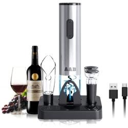 Electric Wine Bottle Opener Set, Rechargeable Automatic Corkscrew with Foil Cutter, Wine Pourer, 2 Vacuum Stoppers & Stand - 4 AA Batteries and USB Charging Cable