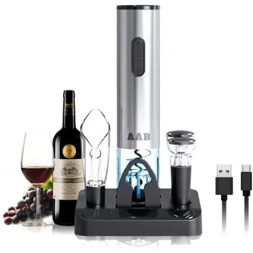 Elektrischer Weinöffner Set, wiederaufladbarer automatischer Korkenzieher mit Folienkneider, Weinschenker, 2 Vakuumstopfen & Stand – 4 AA Batterien und USB Ladekabel