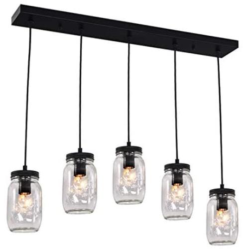 Mason jar Pendant 5 Lights，Kitchen Island Lighting Mason jar Light Fixtures ,Wellmet Farmhouse Chandelier Can be Installed in The Kitchen, Bar Counter（Black）