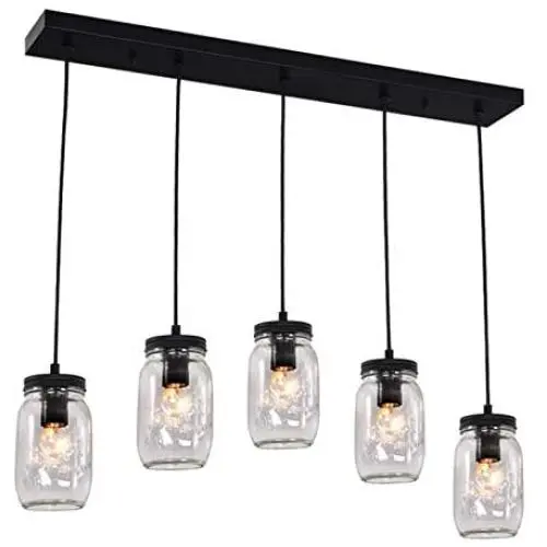 Glaspendant Beleuchtung aus Mason-Gläsern, 5-Lampe, Kücheninsel Beleuchtung, Mason Jar Leuchten, Wellmet Landhaus Kronleuchter, für Küche, Bar, Schrank (Schwarz)