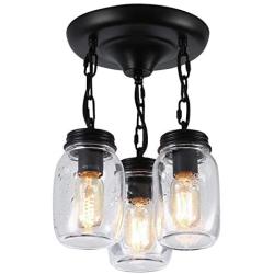 3-Light Ceiling Light Fixtures Farmhouse Semi Flush Mount Ceiling Light Clear Seeded Glass Shade Mason Jar Light Pendant Lighting for Hallway Kitchen-E26