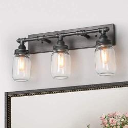 LNC 24 Large Bathroom Light Fixtures, Industrial 3 Mason Jar Vanity Light with Antique-Silver Brushed Finish