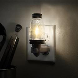 Rustic LED Mini Mason Jar Night Light in Bronze | Auto On/Off Sensor | Farmhouse Wall Decor | Quality Constuction | Energy Efficient LED Bulb | Timeless Design | Plug in Light Fixture for Home