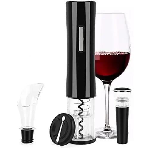 Senzor Elektrischer Weinöffner Set Automatischer Weinöffner mit LED-Beleuchtung, Wiederverwendbarer Korkenzieher Geschenkset mit Folienkneider, Vakuumstopper, 4-in-1 Entgasgerät und Schoppen für Küche Bar Restaurant Schwarz