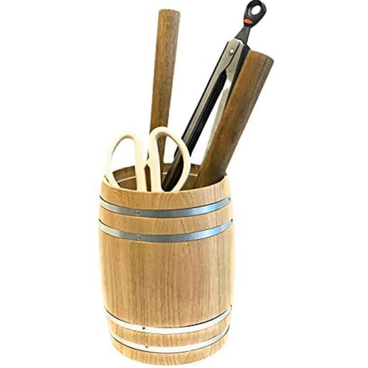 Dark Gray Wine Barrel Design Kitchen Utensil Crock, Wooden Cooking Tool Holder