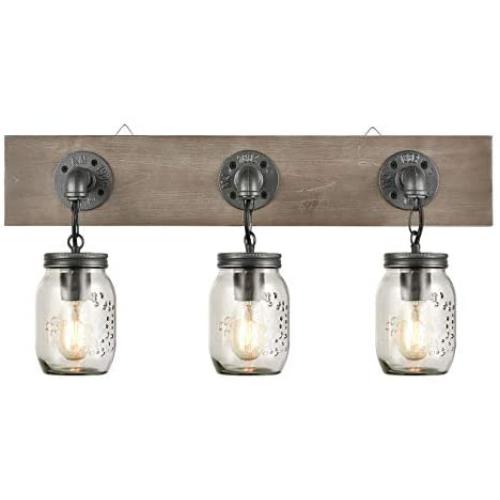 Farmhouse 3 Light Mason Jar Bathroom Vanity Lighting Wood & Glass Wall Lights