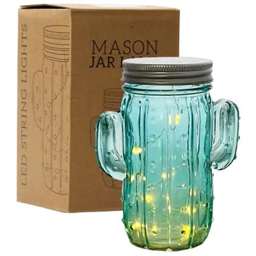 Tipsy Umbrella Cactus Shaped Mason Jar Light - Cactus Decor / Cactus Room Decor /Cactus Lamp (Single)
