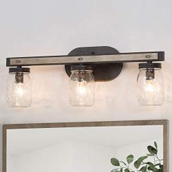 Bathroom Light Fixtures, 3-Light Farmhouse Mason Jar Lights, Rustic Vanity Lights with Black and Shallow Wooden-Grain Finish (21.5” L×5.5” W×8”H)