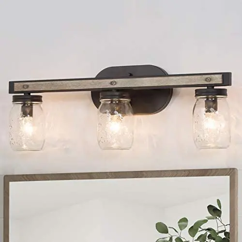 Bathroom Light Fixtures, 3-Light Farmhouse Mason Jar Lights, Rustic Vanity Lights with Black and Shallow Wooden-Grain Finish (21.5” L×5.5” W×8”H) Bathroom Light Fixtures, 3-Light Farmhouse Mason Jar Lights, Rustic Vanity Lights with Black and Shallow Wooden-Grain Finish (21.5” L×5.5” W×8”H)