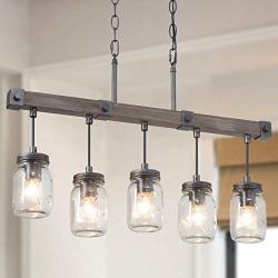 Mason Jar Chandelier, 5-Light Farmhouse Chandelier for Dining Room, 25.5& Rustic Island Lighting with Clear Glass Globes