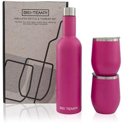 Insulated Bottle and Tumbler Set - Double Walled Stainless Steel 25 Oz Wine Bottle and 2 Pack 12 Oz Insulated Wine Tumbler Tumblers With Lid for Hot or Cold Drinks Travel Wine Glass (Pink)