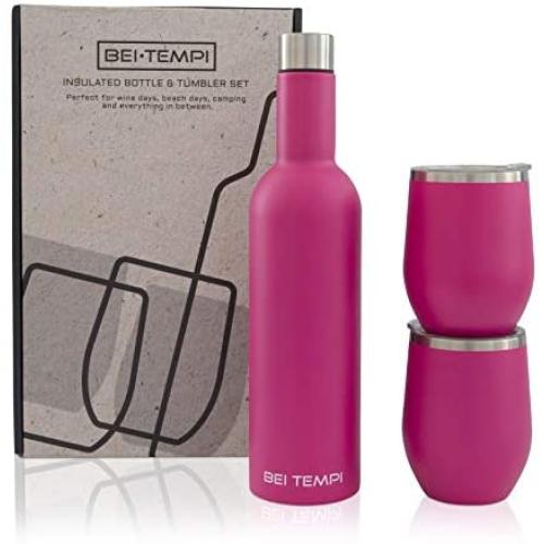 Isolierflasche und Tumbler-Set – Doppelt Wändiger Edelstahl 25 Oz Weinflasche und 2er Pack 12 Oz Isolierte Weinbecher Becher Mit Deckel Für Heiß- oder Kalte Getränke Reise Weinkaraffe (Rosa)