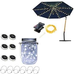 8 Modes Solar Umbrella Lights + 6 Pack 30 LEDs Solar Mason Jar Lights Cool White.