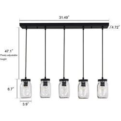 Mason jar Pendant 5 Lights，Kitchen Island Lighting Mason jar Light Fixtures ,Wellmet Farmhouse Chandelier Can be Installed in The Kitchen, Bar Counter（Black）