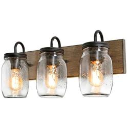 LALUZ Bathroom Vanity Light Fixtures, 3-Light Mason Jar Lights with Superior Glass Cover and Faux Wood Finish, L18” x H8” x W9.5”