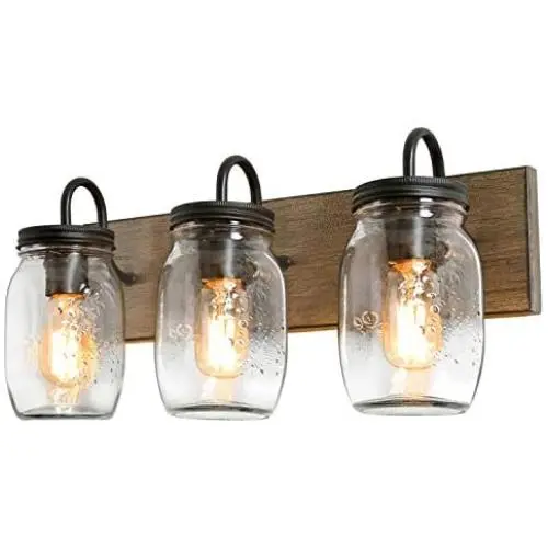 LALUZ Bathroom Vanity Light Fixtures, 3-Light Mason Jar Lights with Superior Glass Cover and Faux Wood Finish, L18” x H8” x W9.5” LALUZ Bathroom Vanity Light Fixtures, 3-Light Mason Jar Lights with Superior Glass Cover and Faux Wood Finish, L18” x H8” x W9.5”