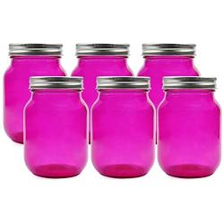 Cornucopia Pink Glass Mason Jars (6-Pack, Pint Size); 16oz Fuchsia Colored Glass Canning and Apothecary Jars