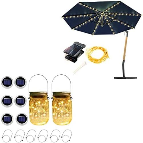 8 Modes Solar Umbrella Lights + 6 Pack 30 LEDs Solar Mason Jar Lights