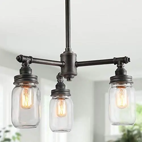 Suspension Lumineuse en Mason Jar, Éclair Pendentif Rustique pour Salle à Manger, Éclair d'Îlot à 3 Lames avec Métal Rustique