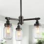 Mason Jar Chandelier, Farmhouse Pendant Light Fixture for Dining Room, 3-Light Island Lighting with Rustic Metal