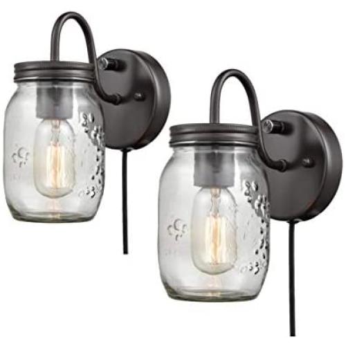 EUL Vintage Mason Jar Light Fixture Clear Glass 2-Pack Wall Lights Oil Rubbed Bronze