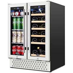 TYLZA Wine and Beverage Refrigerator 24 Inch Dual Zone Wine Beverage Cooler with Memory Temperature Control Built-in or Freestanding, Quick Cooling Mini Wine Beer Fridge, Hold 18 Bottles and 57 Cans