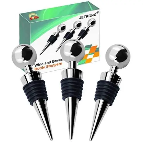 Bouchons en acier inoxydable JETKONG pour bouteilles de vin et de boissons, Design Ball, Jeu de 3 (Argent)